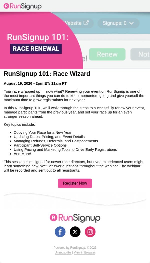 Reminder RunSignup 101: Race Renewal Webinar 8/19 email from RunSignup screenshot