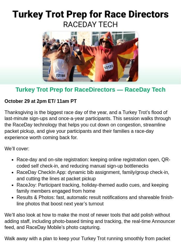 Turkey Trot Prep for Race Directors — RaceDay Tech 10/29 email from RunSignup