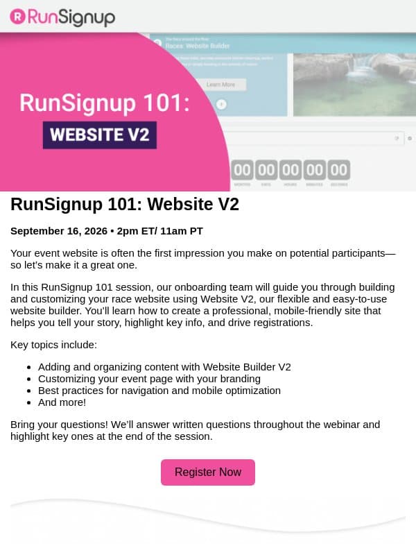 RunSignup 101: Website V2 Webinar 9/16 email from RunSignup