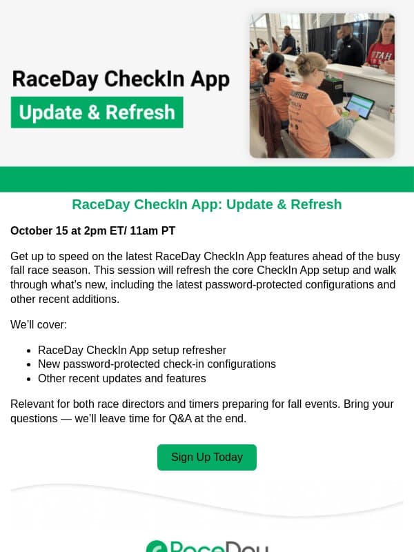 Reminder RaceDay CheckIn App Update & Refresher Webinar Tomorrow! email from RunSignup