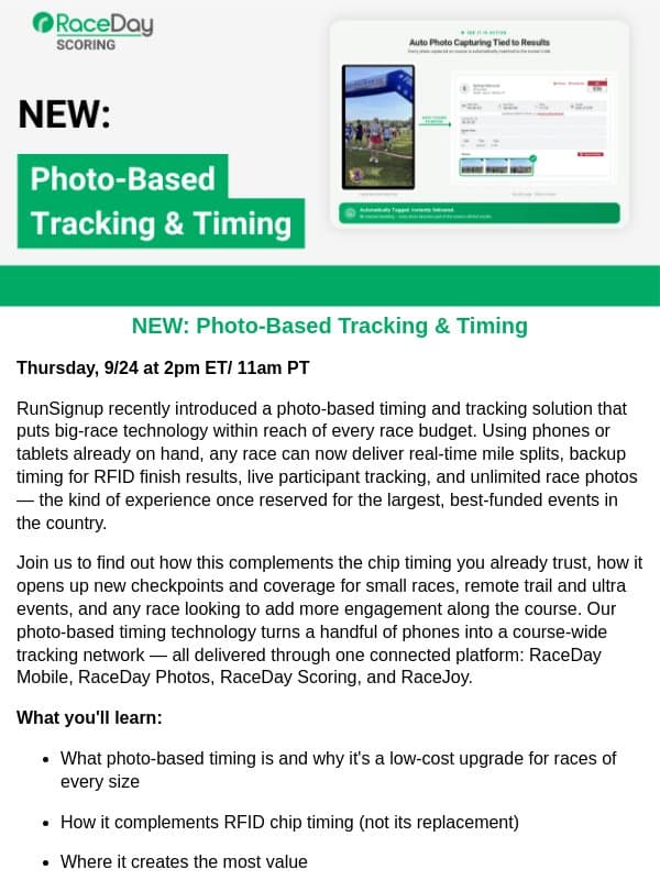 DATE CORRECTION for NEW: Photo-Based Tracking & Timing Webinar email from RunSignup