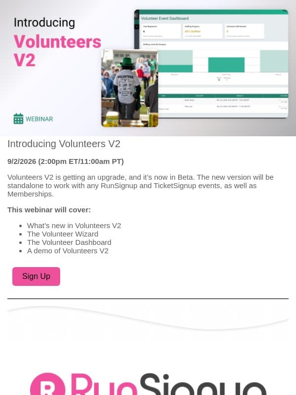 Webinar: Introducing Volunteers V2 email from RunSignup