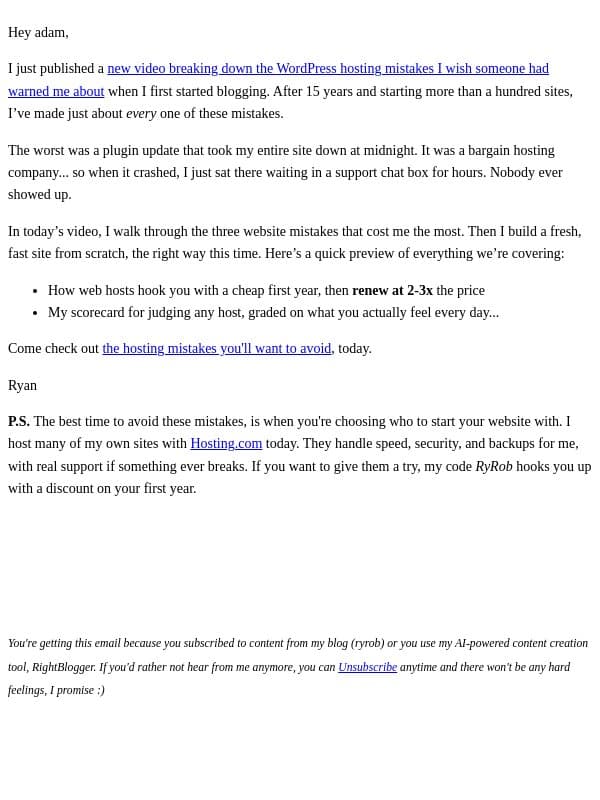 I made the worst hosting mistake email from Ryrob screenshot
