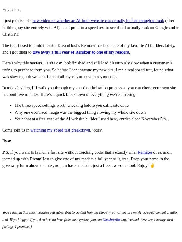 Free AI website builder giveaway email from Ryrob