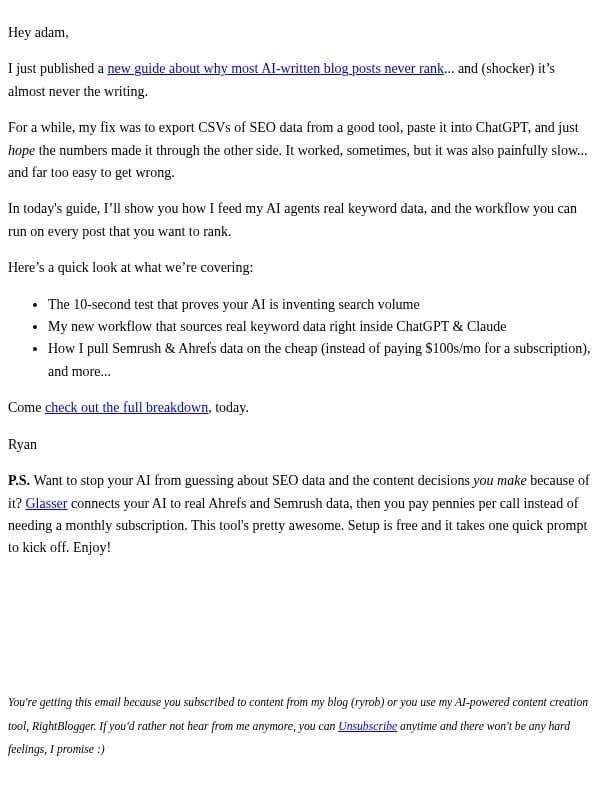 Your AI is making up SEO data email from Ryrob