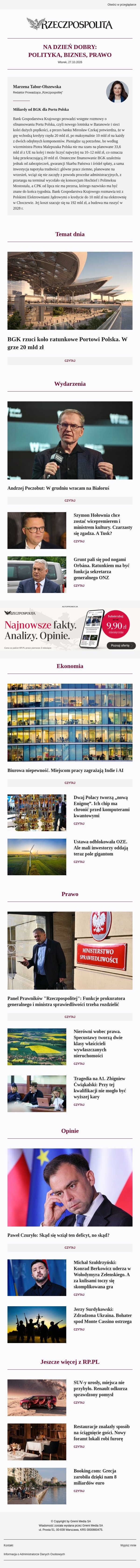BGK rzuci koło ratunkowe Portowi Polska. W grze 20 mld zł email from Rzeczpospolita screenshot