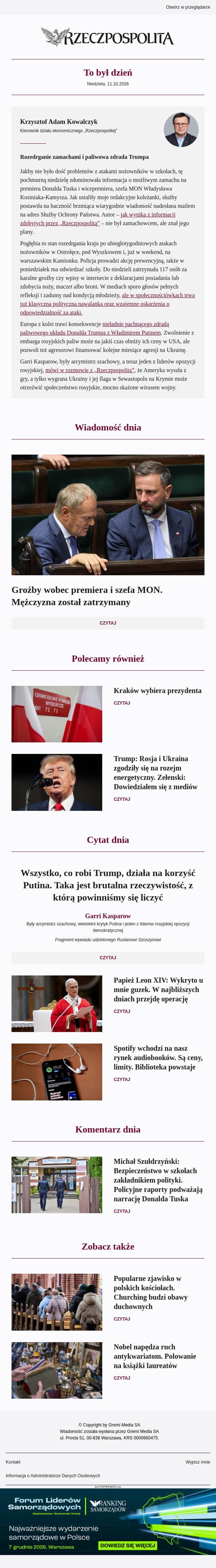 Rozedrganie zamachami i paliwowa zdrada Trumpa email from Rzeczpospolita screenshot
