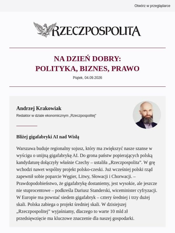 Bliżej gigafabryki AI nad Wisłą email from Rzeczpospolita