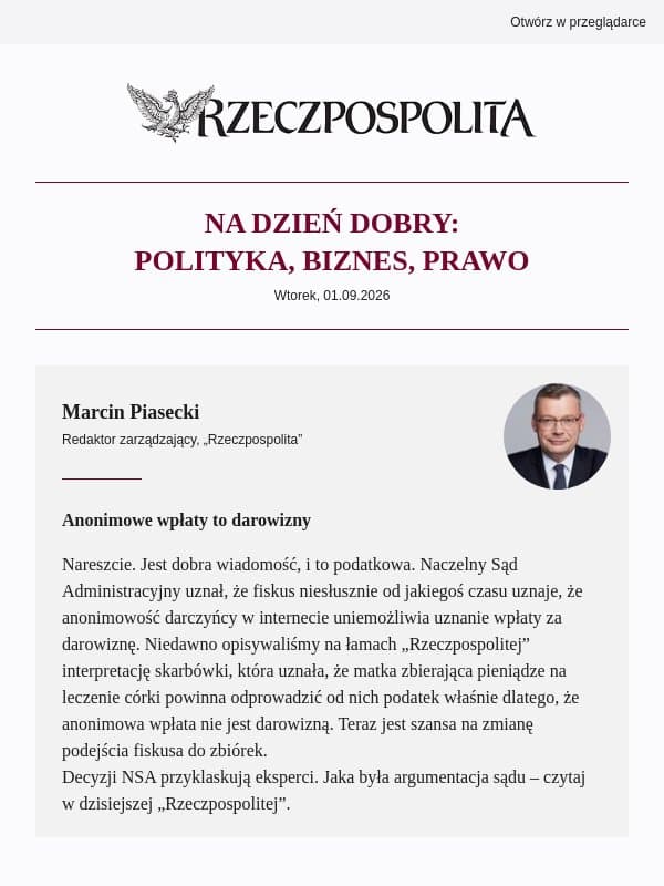 Anonimowa wpłata bez PIT. Precedensowy wyrok NSA ws. zbiórek w internecie email from Rzeczpospolita