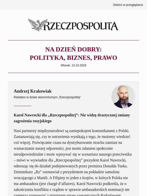 Karol Nawrocki dla „Rzeczpospolitej”: Nie widzę drastycznej zmiany zagrożenia rosyjskiego email from Rzeczpospolita