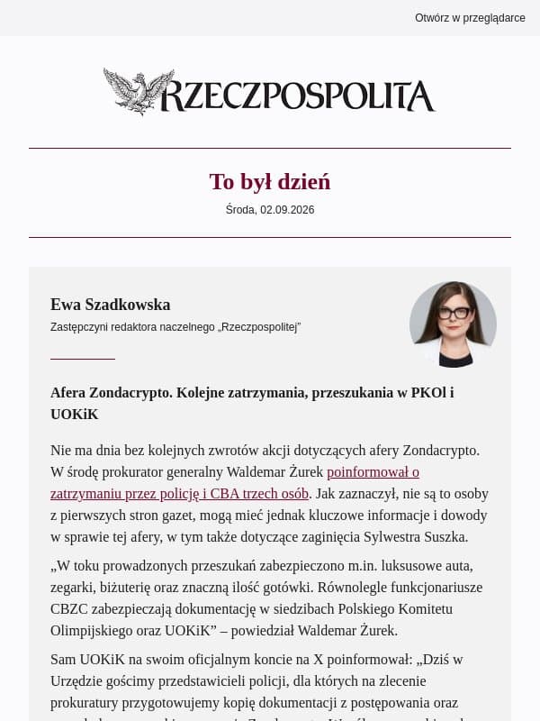 Afera Zondacrypto. Kolejne zatrzymania, przeszukania w PKOl i UOKiK email from Rzeczpospolita