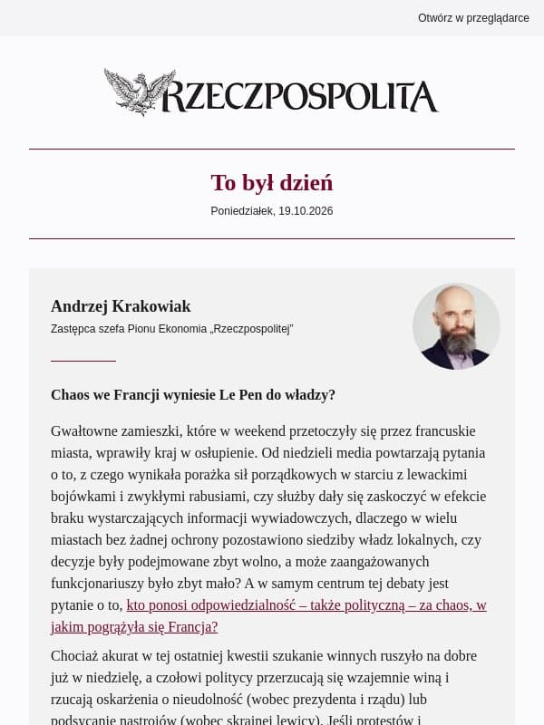 Chaos we Francji wyniesie Le Pen do władzy? email from Rzeczpospolita