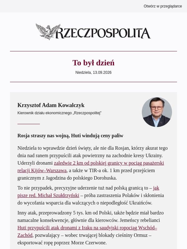Rosja straszy nas wojną, Huti windują ceny paliw email from Rzeczpospolita