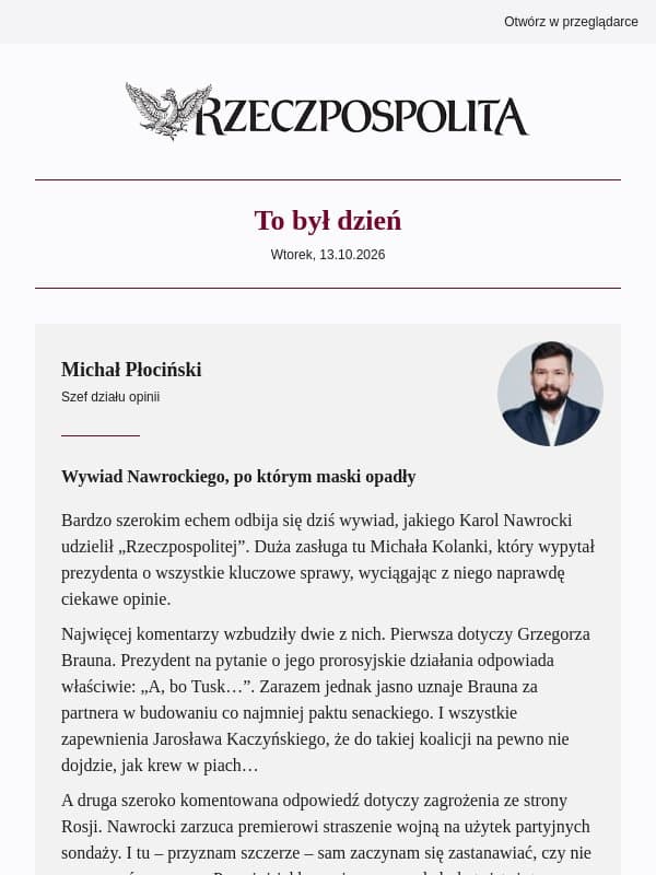 Wywiad Nawrockiego, po którym maski opadły email from Rzeczpospolita