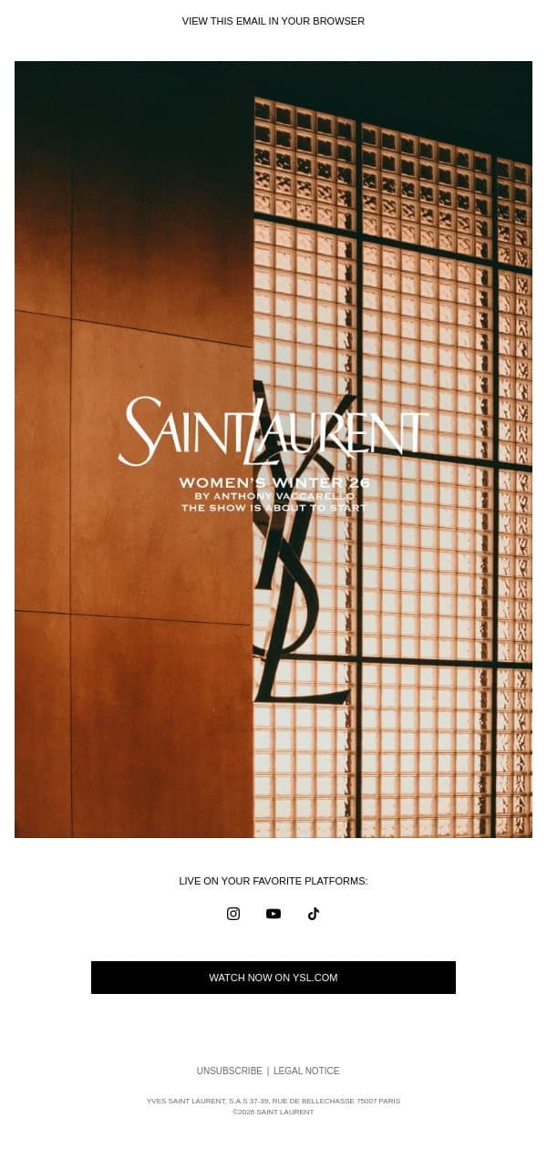 Women’s Winter 26 Show - Starting now email from Saint Laurent screenshot