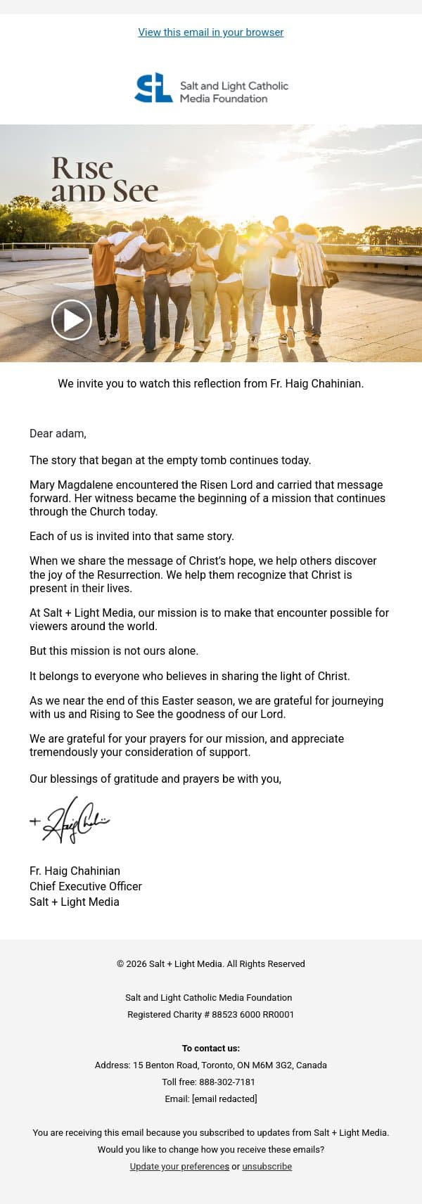 Rise and See: The Mission Continues email from Salt + Light Media screenshot