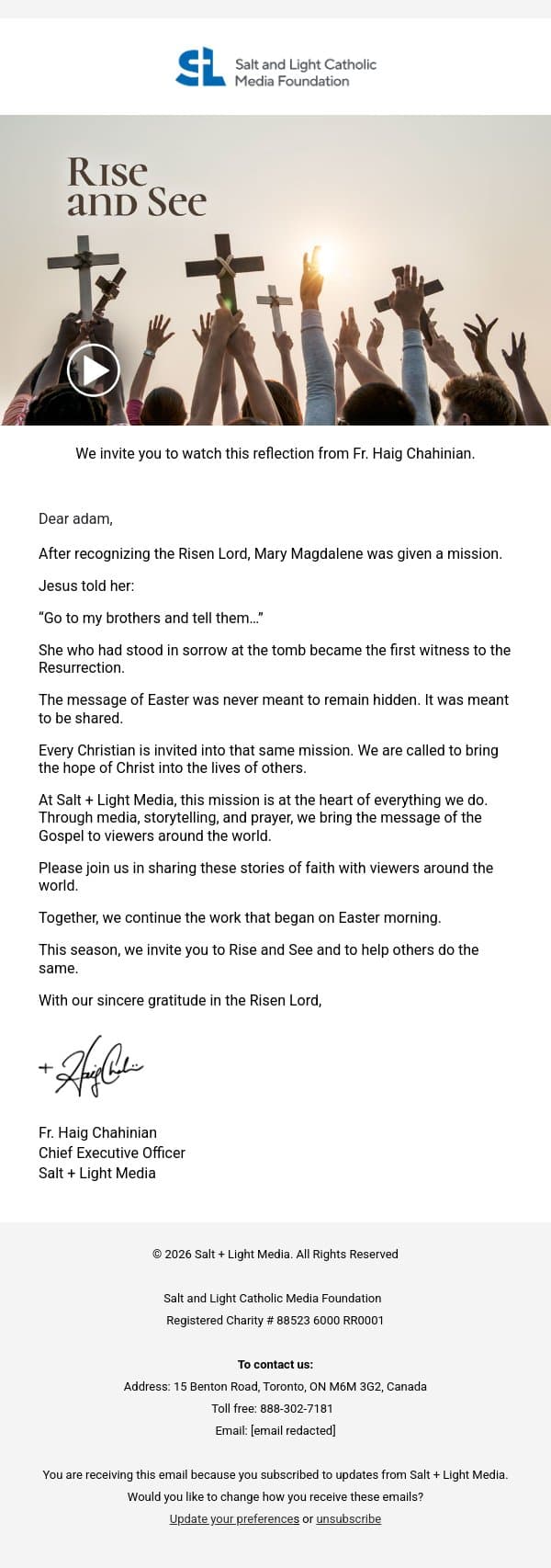 Rise and See: The First Witness email from Salt + Light Media screenshot