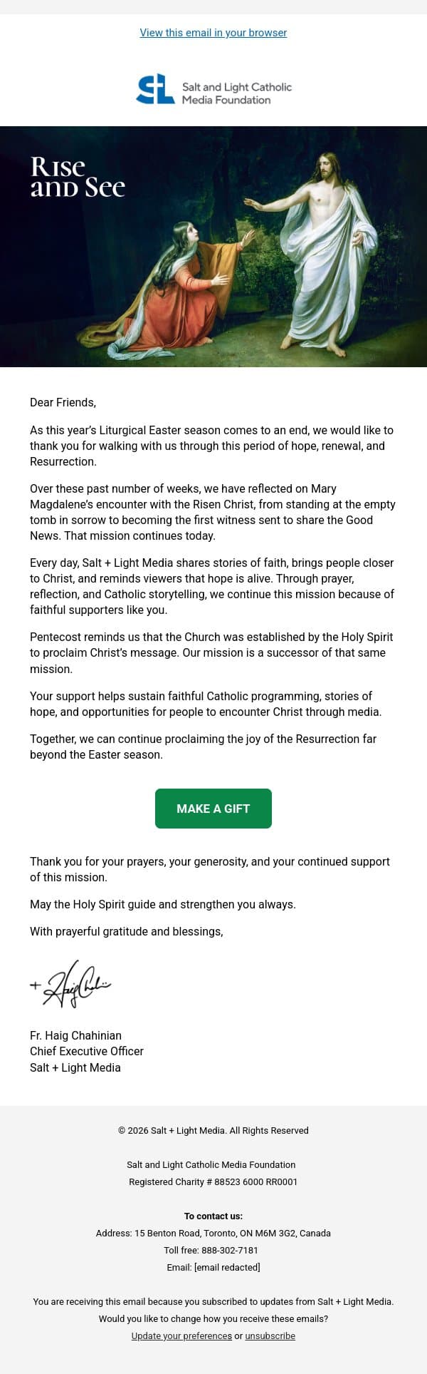 Thank You for Sharing This Easter Journey With Us email from Salt + Light Media screenshot