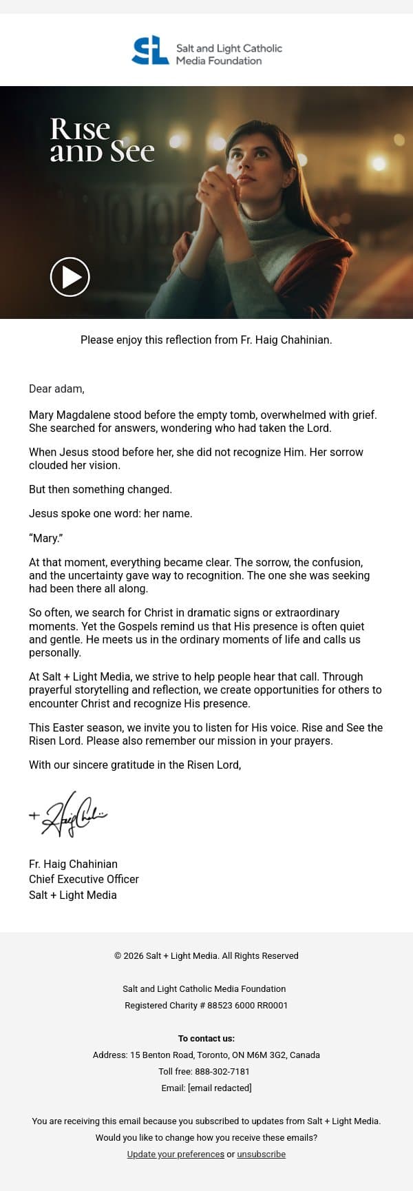 Rise and See: When Christ Calls Your Name email from Salt + Light Media screenshot