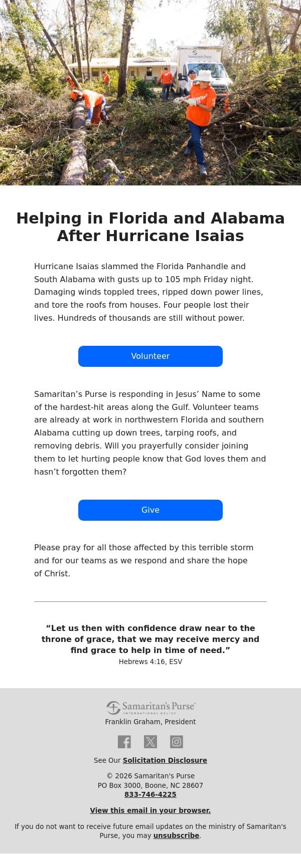 Responding to Hurricane Isaias email from Samaritan's Purse screenshot