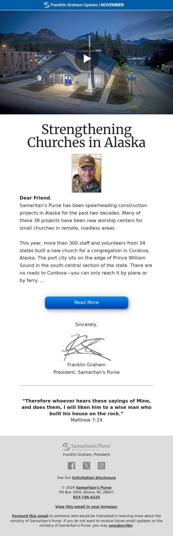 Franklin Graham's November Update email from Samaritan's Purse screenshot