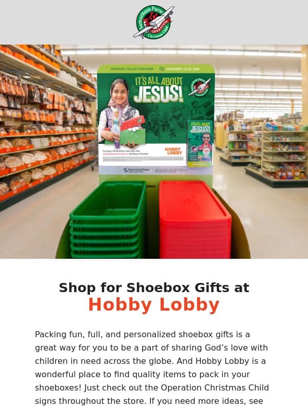 Find Shoebox Gifts at Hobby Lobby email from Samaritan's Purse