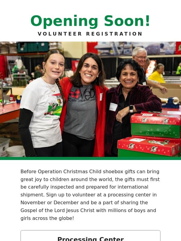 Registration Opens Soon for Shoebox Processing email from Samaritan's Purse