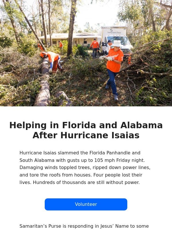 Responding to Hurricane Isaias email from Samaritan's Purse