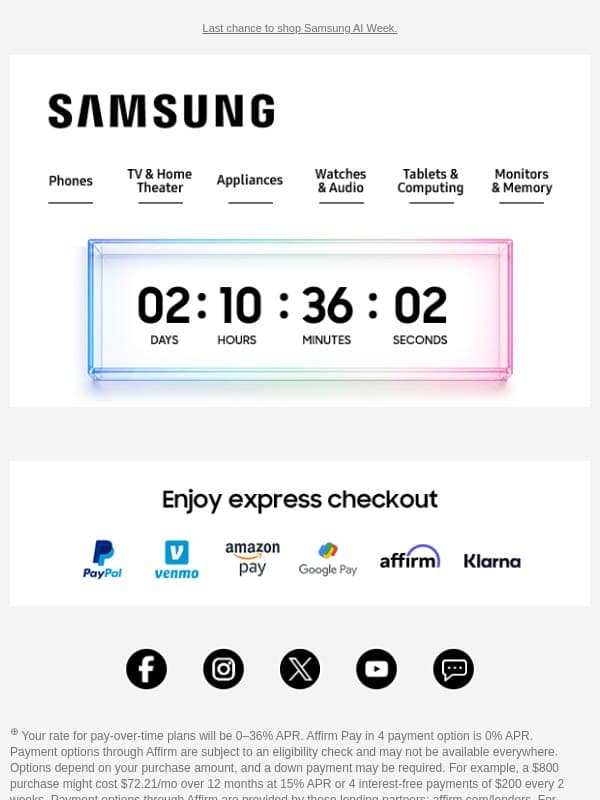 Adam, shop while there's still time. Save up to $1,000 on Galaxy phones and more. email from Samsung Electronics