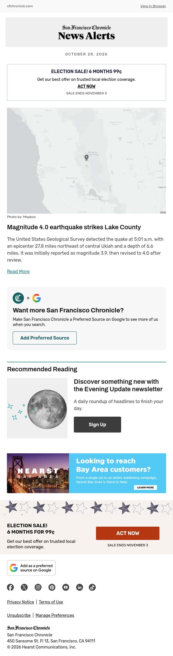 Magnitude 4.0 earthquake strikes Lake County email from San Francisco Chronicle screenshot