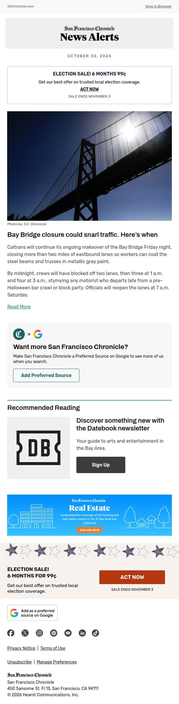 Bay Bridge closure could snarl traffic. Here’s when email from San Francisco Chronicle screenshot