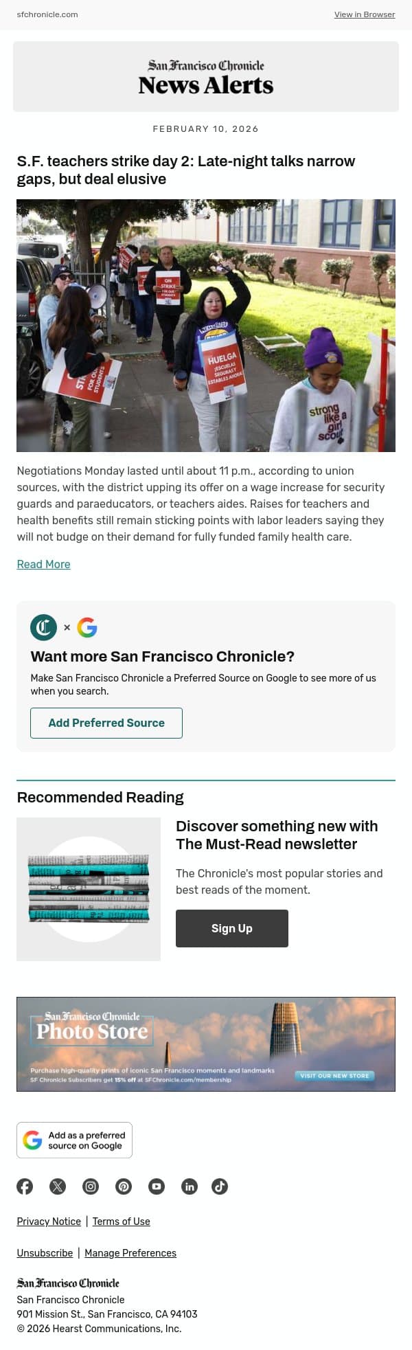 S.F. teachers strike day 2: Late-night talks narrow gaps, but deal elusive email from San Francisco Chronicle screenshot