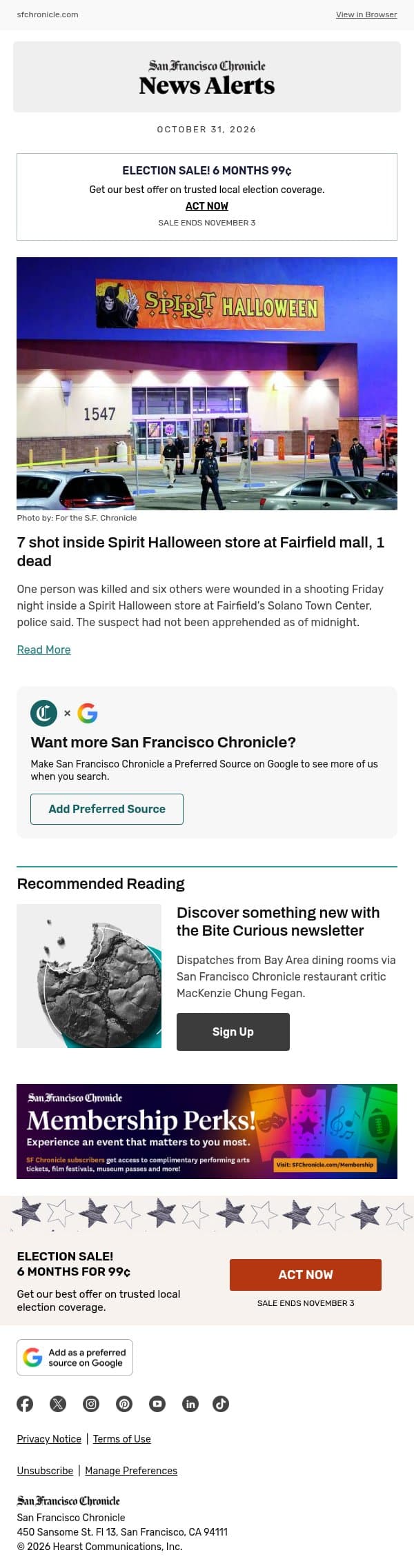 7 shot inside Spirit Halloween store at Fairfield mall, 1 dead email from San Francisco Chronicle screenshot
