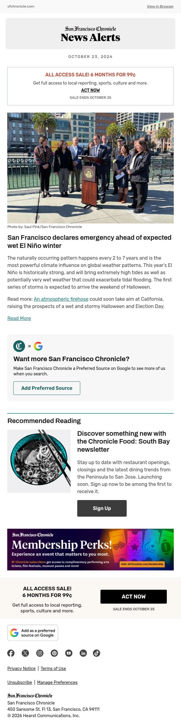 San Francisco declares emergency ahead of expected wet El Niño winter email from San Francisco Chronicle screenshot