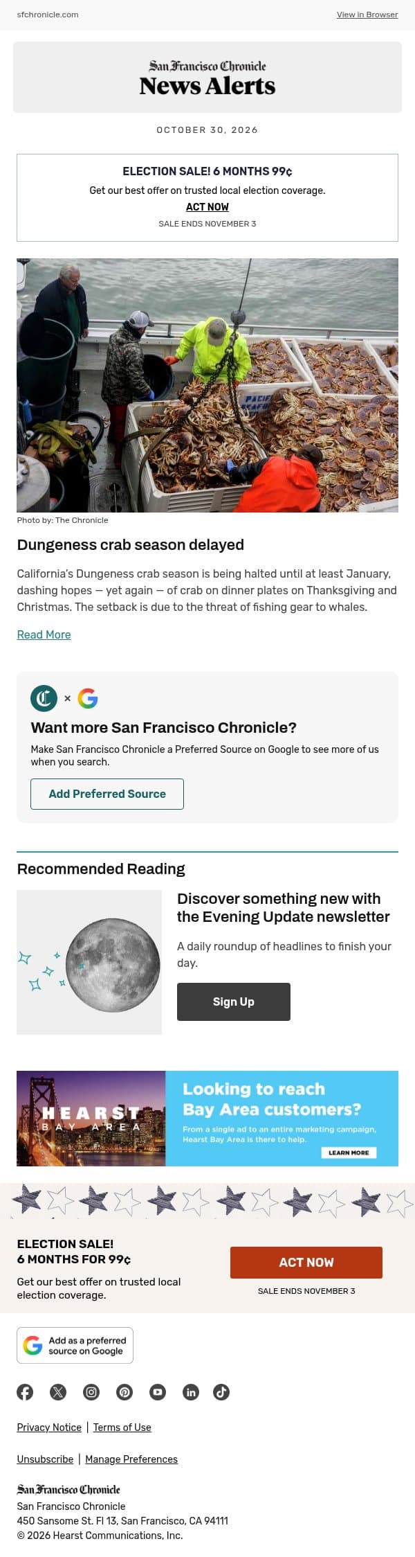 Dungeness crab season delayed email from San Francisco Chronicle screenshot