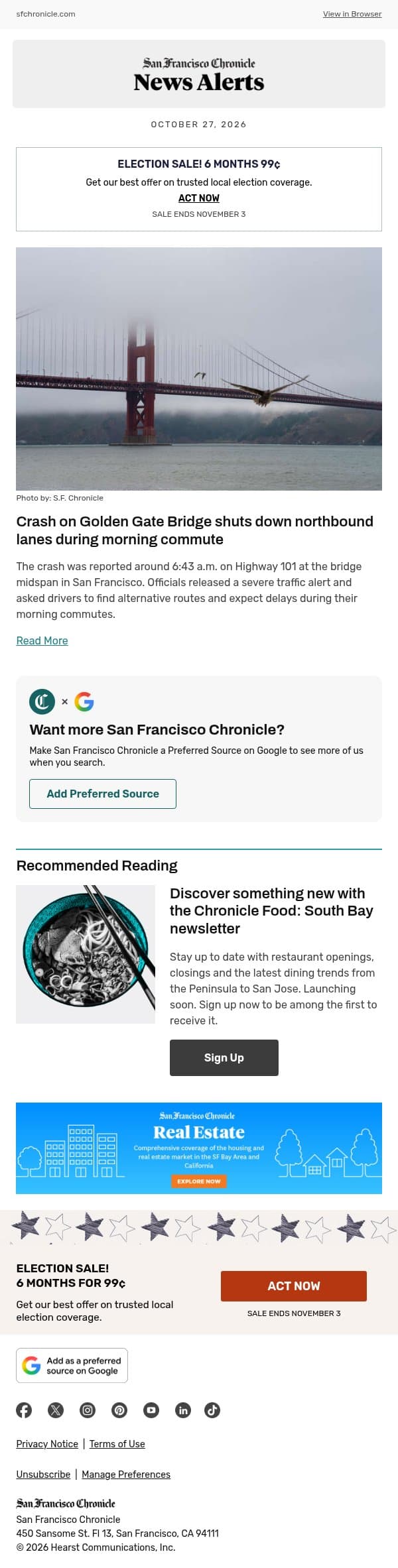 Crash on Golden Gate Bridge shuts down northbound lanes during morning commute email from San Francisco Chronicle screenshot