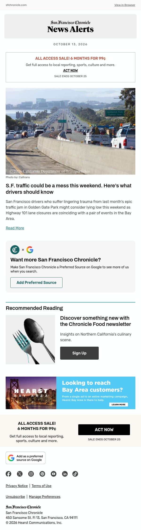 S.F. traffic could be a mess this weekend. Here’s what drivers should know email from San Francisco Chronicle screenshot