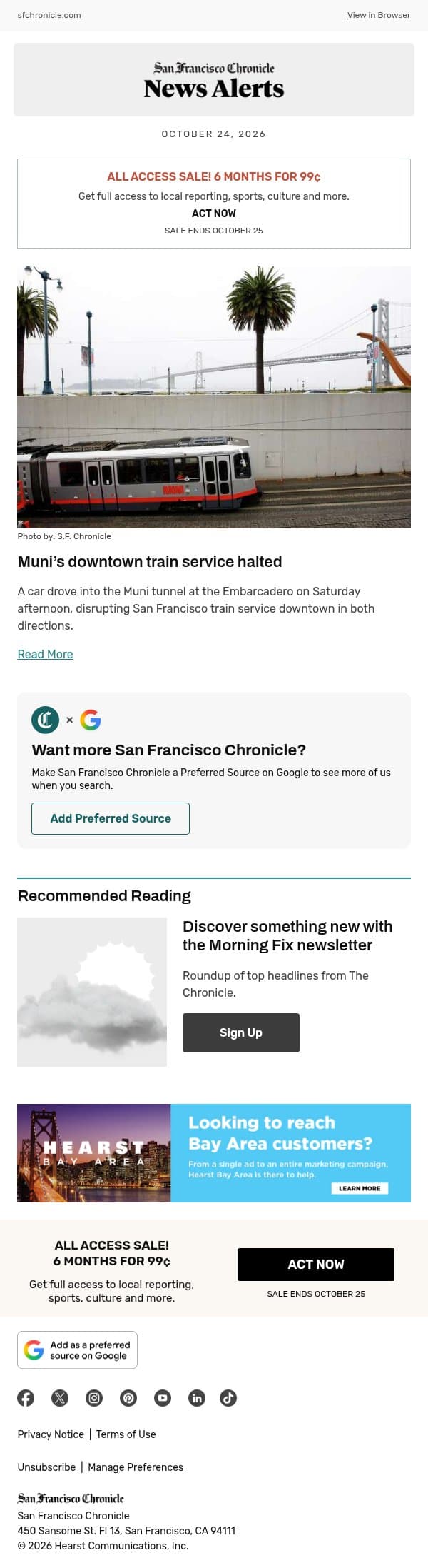 Muni’s downtown train service halted email from San Francisco Chronicle screenshot