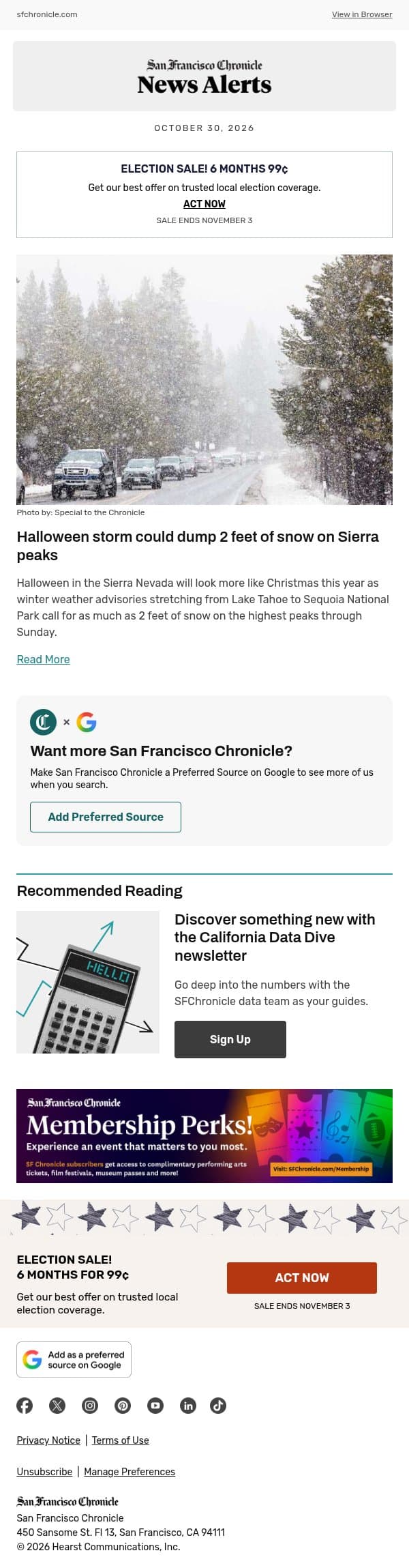 Halloween storm could dump 2 feet of snow on Sierra peaks email from San Francisco Chronicle screenshot