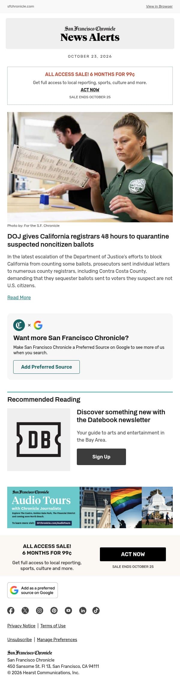 DOJ gives California registrars 48 hours to quarantine suspected noncitizen ballots email from San Francisco Chronicle screenshot