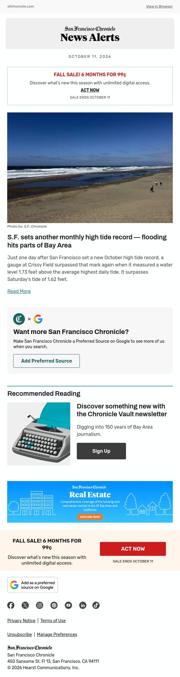 S.F. sets another monthly high tide record — flooding hits parts of Bay Area email from San Francisco Chronicle screenshot