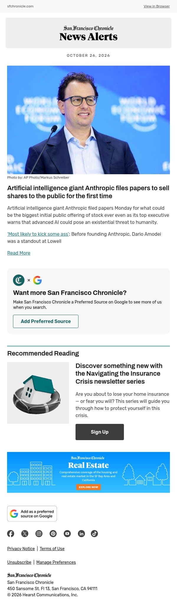 Artificial intelligence giant Anthropic files papers to sell shares to the public for the first time email from San Francisco Chronicle screenshot