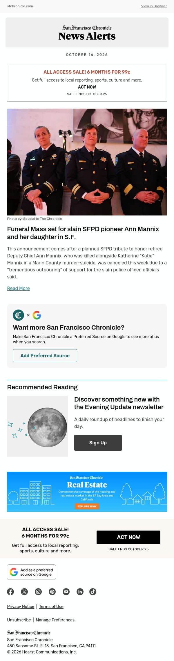 Funeral Mass set for slain SFPD pioneer Ann Mannix and her daughter in S.F. email from San Francisco Chronicle screenshot