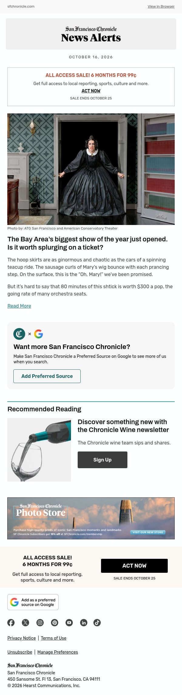 The Bay Area’s biggest show of the year just opened. Is it worth splurging on a ticket? email from San Francisco Chronicle screenshot