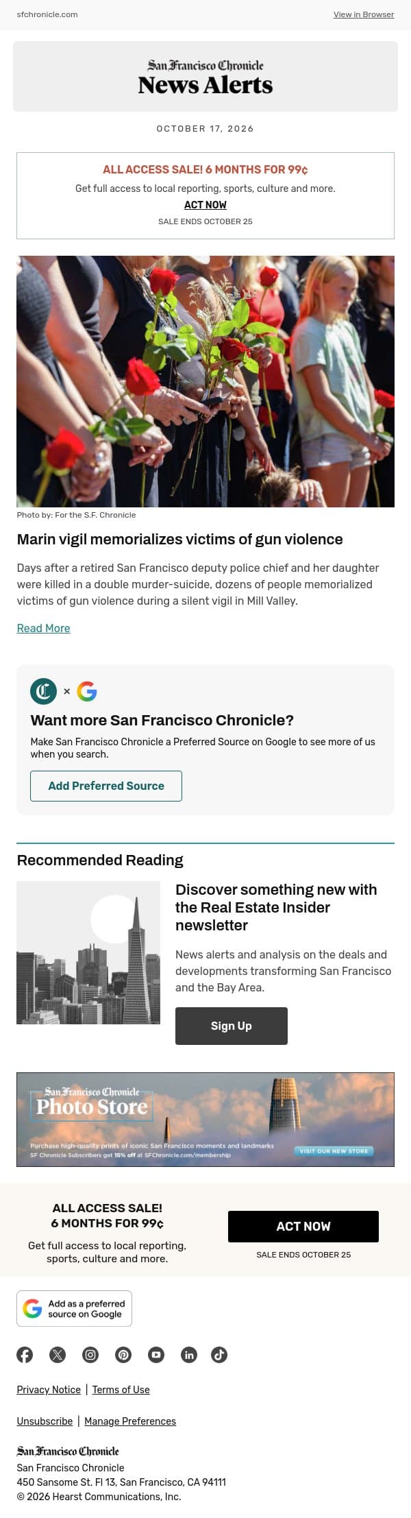 Marin vigil memorializes victims of gun violence email from San Francisco Chronicle screenshot