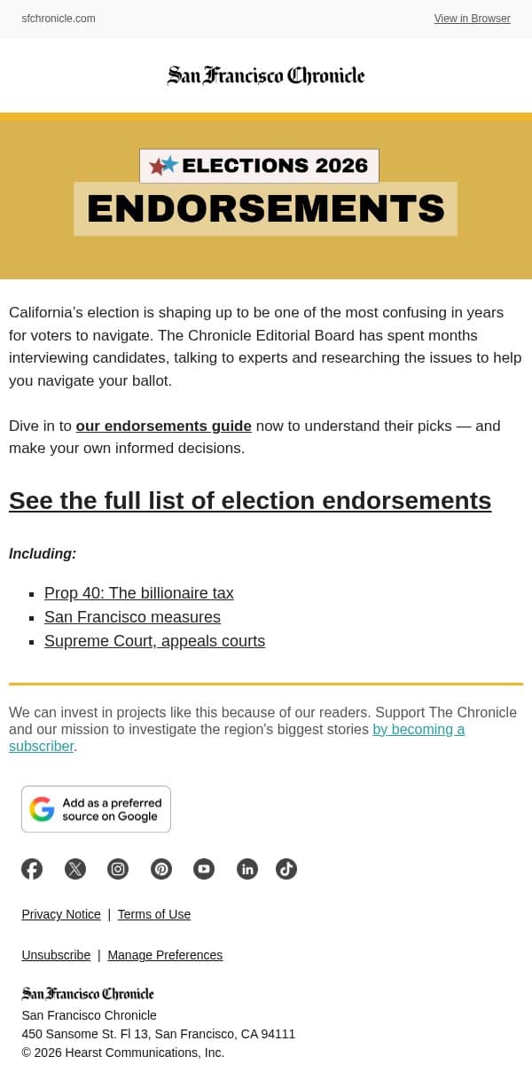 Election endorsements for every California race — and key local ones email from San Francisco Chronicle screenshot