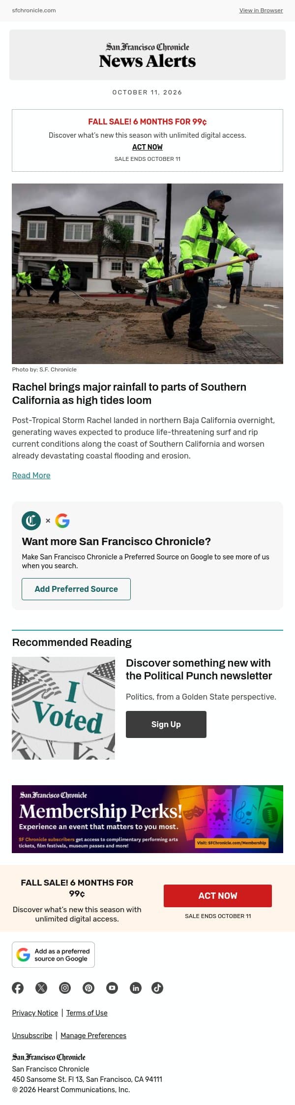 Rachel brings major rainfall to parts of Southern California as high tides loom email from San Francisco Chronicle screenshot