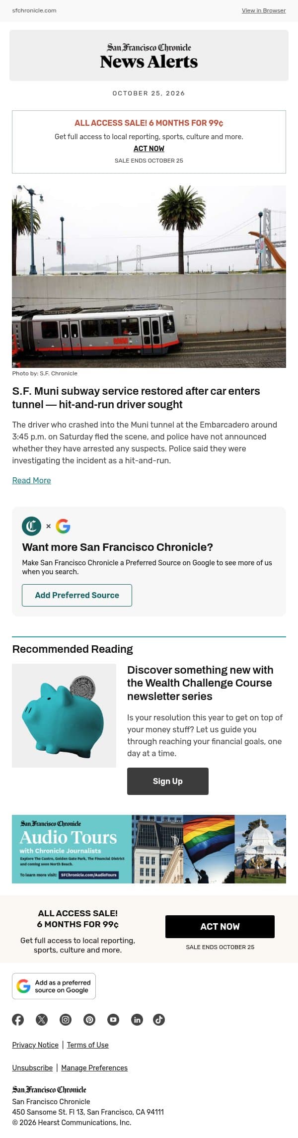 S.F. Muni subway service restored after car enters tunnel — hit-and-run driver sought email from San Francisco Chronicle screenshot