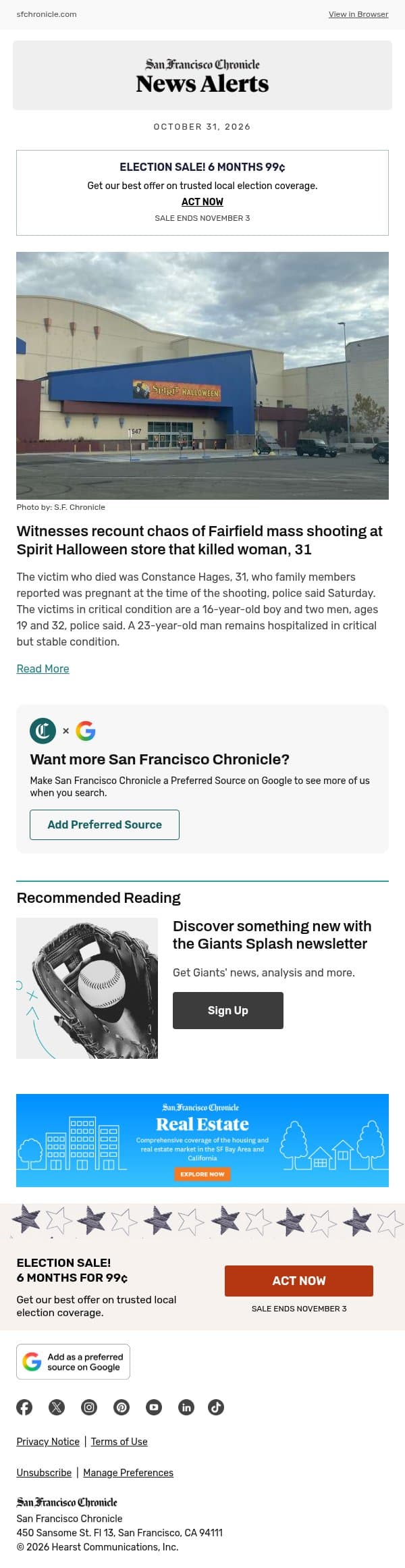 Witnesses recount chaos of Fairfield mass shooting at Spirit Halloween store that killed woman, 31 email from San Francisco Chronicle screenshot