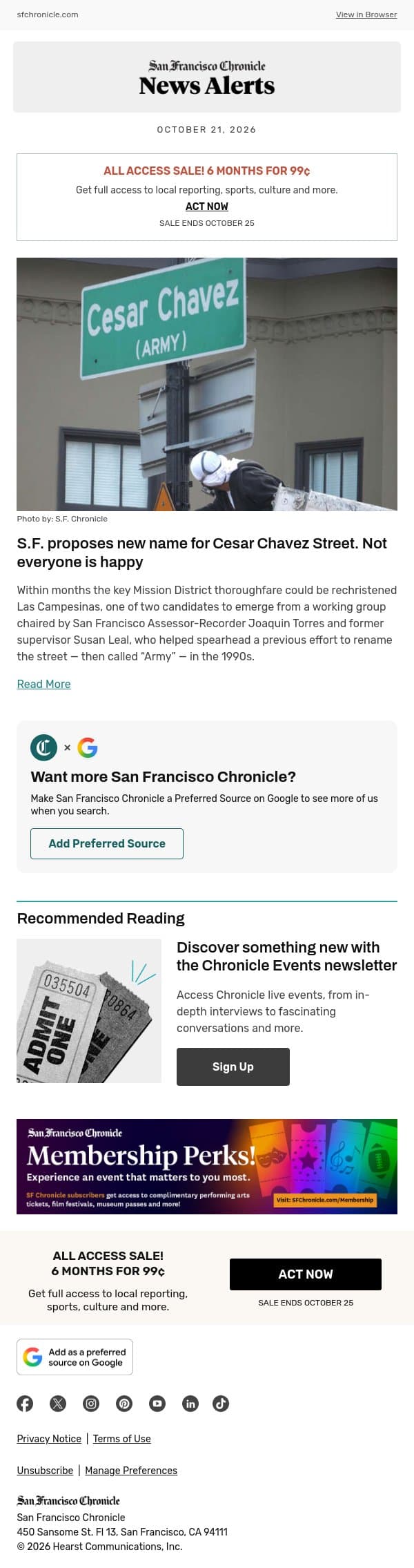 S.F. proposes new name for Cesar Chavez Street. Not everyone is happy email from San Francisco Chronicle screenshot